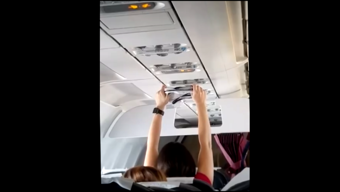 Женщина сушит трусы в самолете  