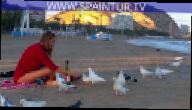 Красивая девушка на море в Испании, кормит голубей и пьет вино, в Аликанте на пляже 